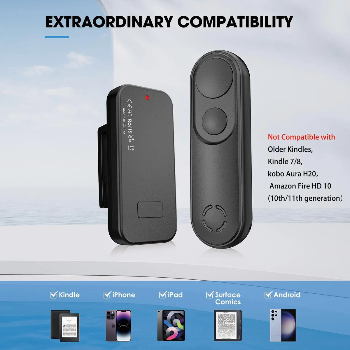Remote-Control Page Turner for Kindle Paperwhite, Oasis and Kobo, Rechargeable Wireless Remote Clicker Accessories for Kindle, Iphone, Ipad and Android Tablets