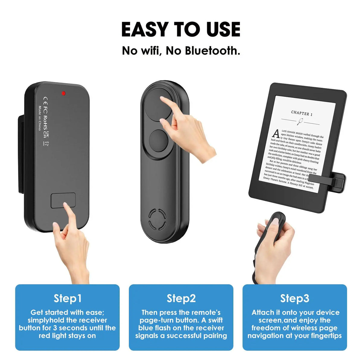 Remote-Control Page Turner for Kindle Paperwhite, Oasis and Kobo, Rechargeable Wireless Remote Clicker Accessories for Kindle, Iphone, Ipad and Android Tablets