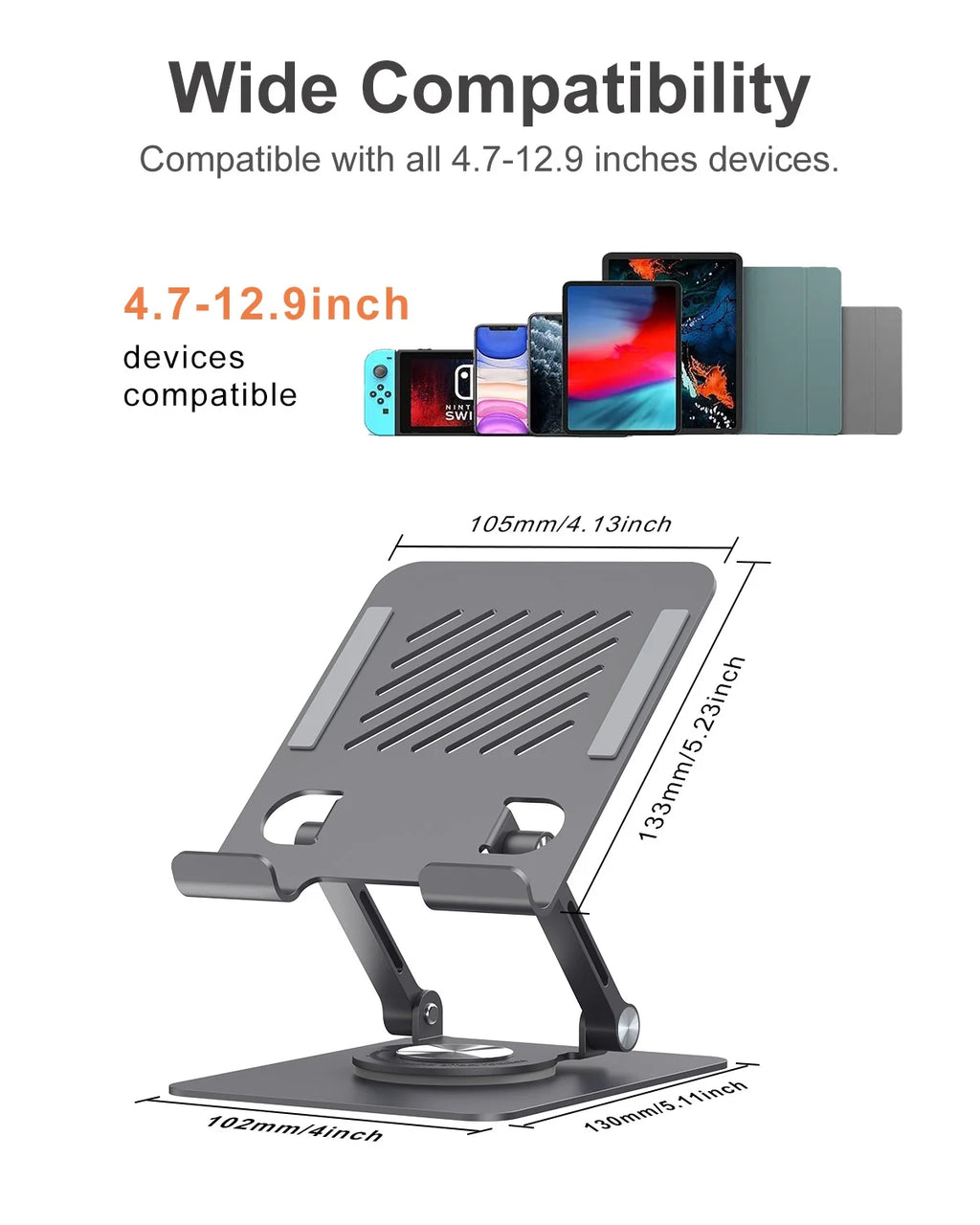 Tablet Stand for Desk,  Adjustable & Foldable Phone Stand for Desk, Compatible with Tablet/Pad/Phone and More, Black